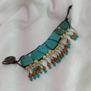 Woven Bracelet with Turquoise Colored Stones, China Mt. Jade, Antique Button